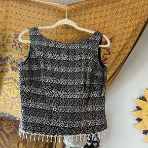Vintage Cachet Black and White Beaded Fringe Sleeveless Top